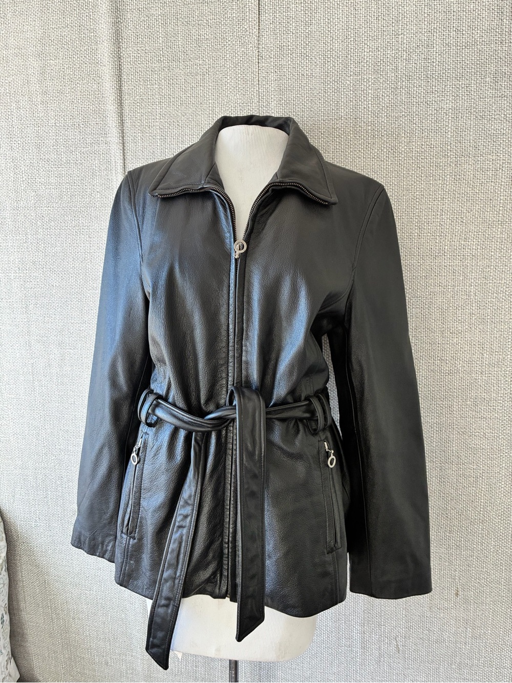 Classic Black Leather Belted Jacket